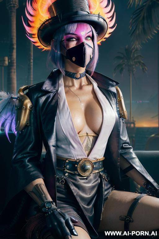 ((((masterpiece)))), (((woman sitting))), (glowing red eyes), (long blue purple and white hair with a flower), ((crop top white collar shirt with red tie)), ((((flaming angel wing)))), ((navy formal - #main