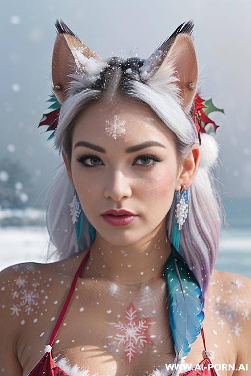 face, sexy, beautiful, ((face painting)), ((bikini as seashell)), ((tattoo roses)), ((eyes shw)), ((angel wings)), ((rainbow hair)), ((long bu hair)), ((wind)), (( cat face)), (( cat ears)), (((feather - #main