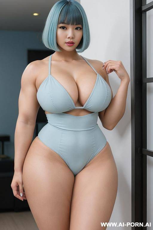 bob with bangs haircut, light blue hair, beautiful atractive asian woman, huge bulked up thighs, gigantic thighs, strong legs, massive thighs, wide hips - #main