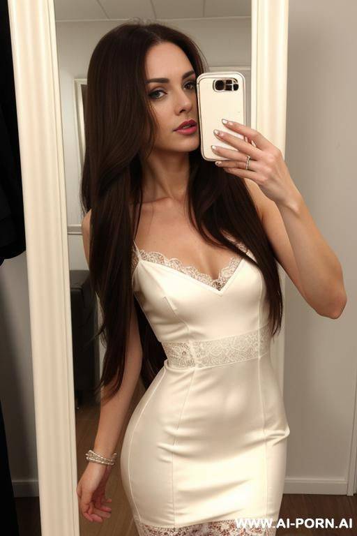 slim woman long hair short cream lace dress selfie photo in the mirror - #main