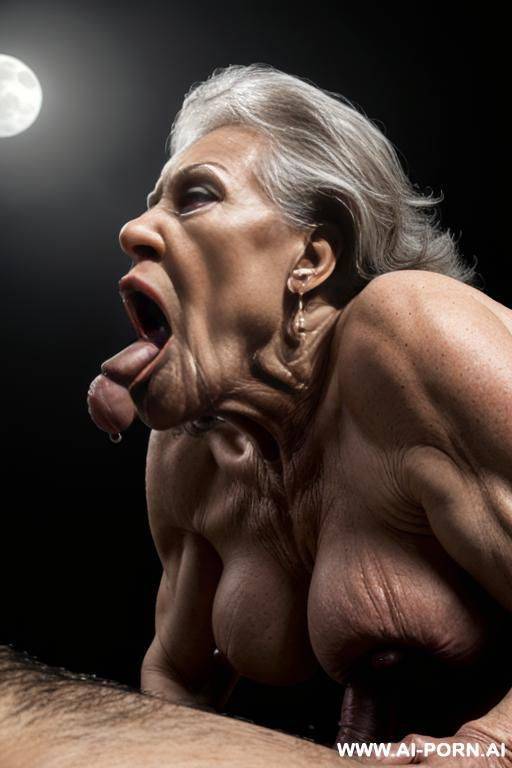 deep night, huge male monster (monster from the space) (muscular body monster) (surprisingly impressive) ((looks terrible)), monster have huge strange penis, granny on all fours pose (extremely big - #main