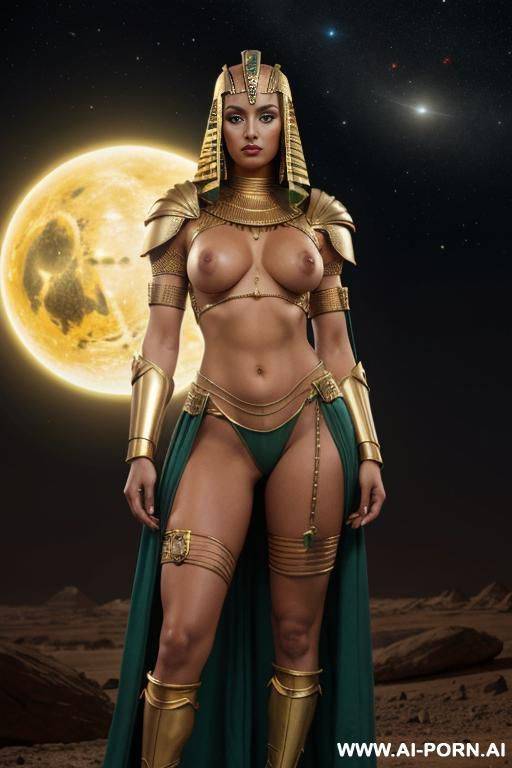 sci-fi egyptian royalty. queen, royal necklace, pierced navel, rings, bracer, ((oversized full gigantic boobs)), anklet, huge nipples, gold armour, anklet, gold thigh high gladiator sandals. gold mesh - #main