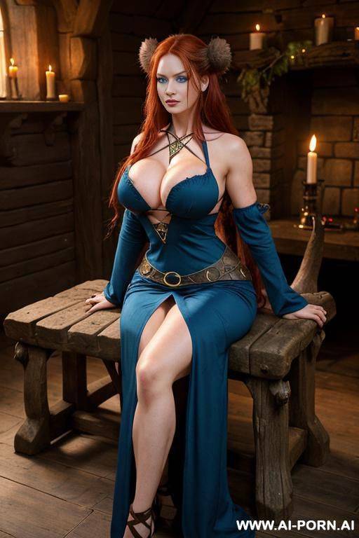 ((massive breasts)), wide hips, v-tappered abs, light muscle definition, thick voluminous hair, long messy braided hair, dark red hair, (((blue eyes))), seductive eyes, eye contact, sitting next to fire ((cleavage)), ((sexy dress)) - #main