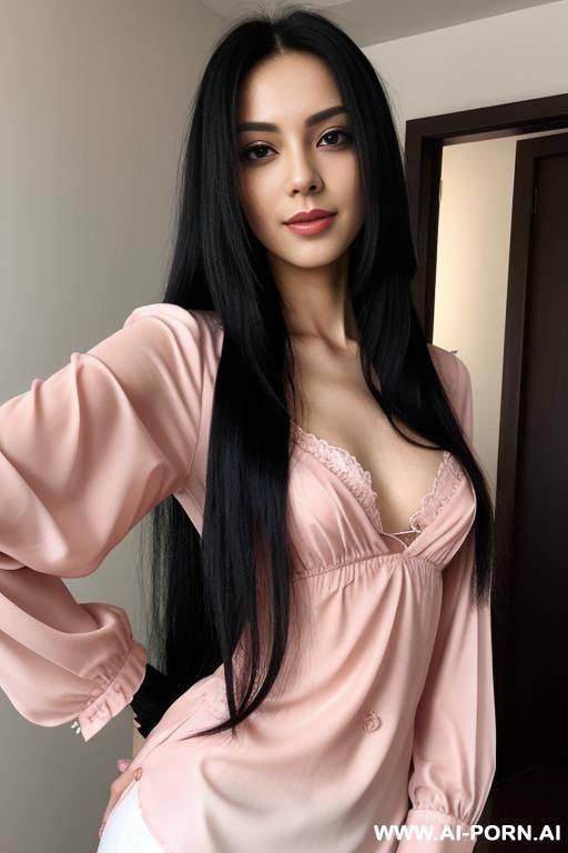 slim woman long hair blouse pink selfie - #main