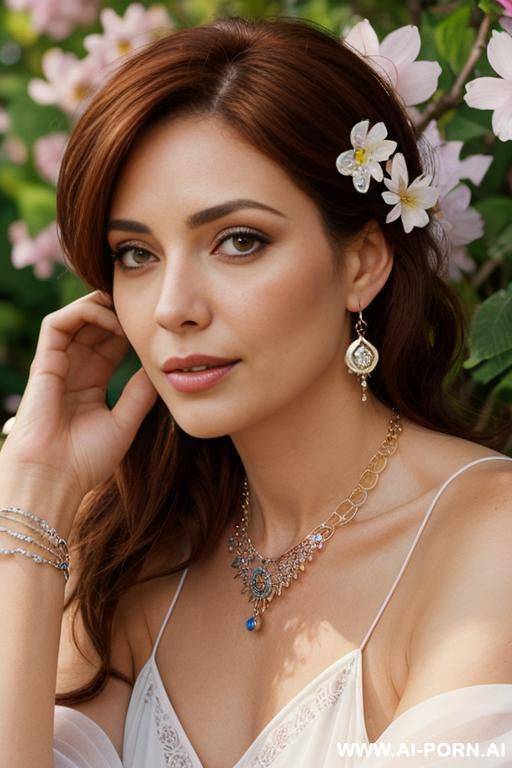 mature, milf, perfect hourglass figure, eye contact, keep the face, looking into camera, necklace, earrings, bracelets, wearing flowers, totally naked, wide hips - #main