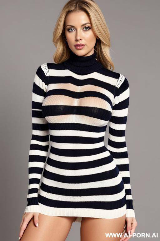beautiful blonde wearing striped polo neck sweater with cut out showing boobs - #main