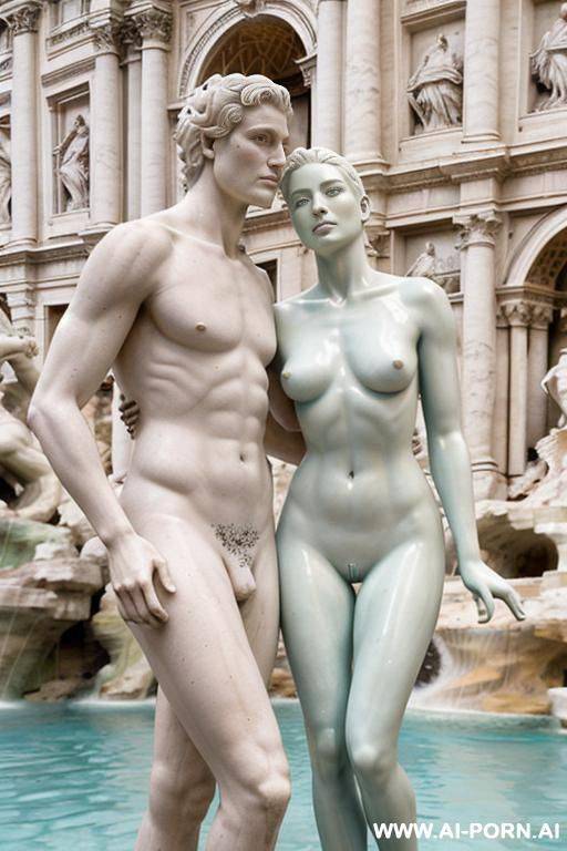 sculpture of a naked man and woman. realistic, very beautiful face. wull body wiew. trevi fountain in the background. - #main