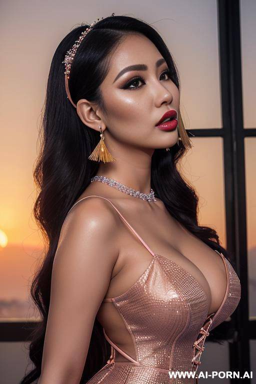 (sunset) (model) (extremely pretty) (full lips) (button nose) (eye contact) (submissive) (ahegao) (cleavage) (hourglass figure) (tall) (hoop earrings) (high heels) (hair accessory) (flowing hair) - #main