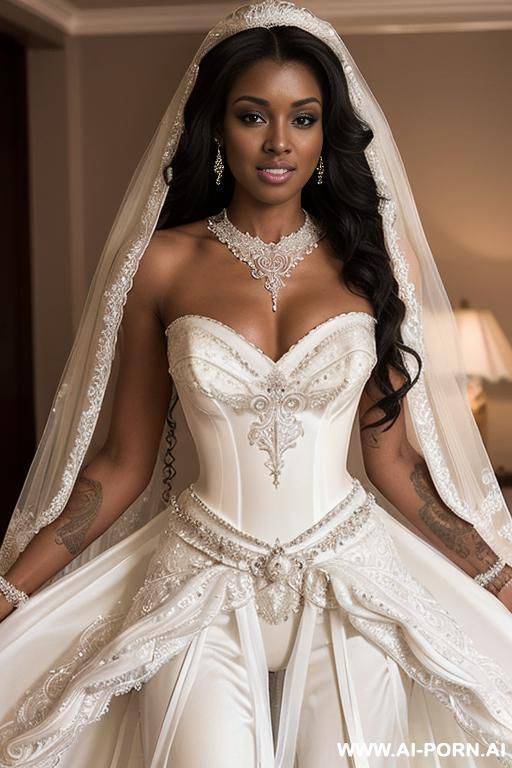 ebony woman in bride dress spreds legs and is hold by two other woman with bare breast - #main
