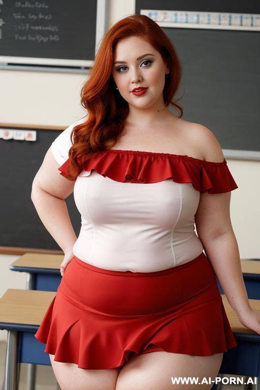 close up full body photo shot, about at classroom, chubby redhead fat bbw curvy teacher, wearing a sexy and hot micro red ruffle skirt and elegant top, teaching to the classroom. - #main