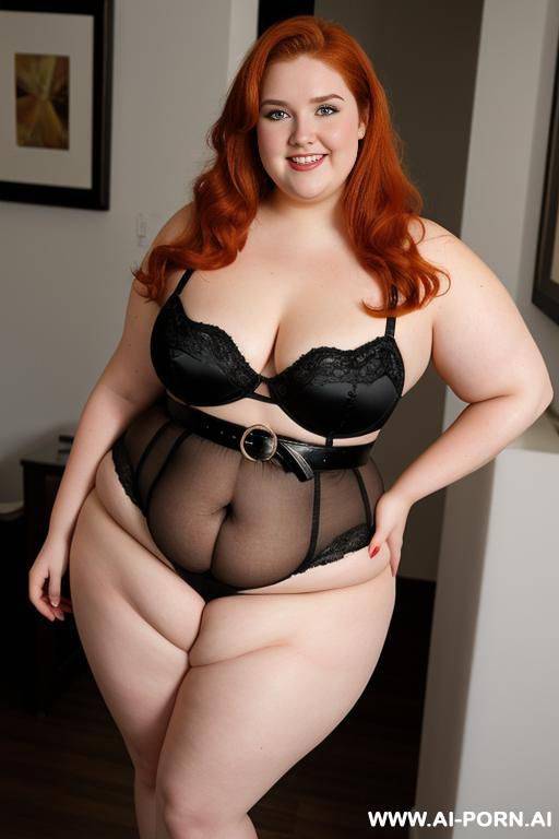 full body photo shot, about at elegant art gallery, fat (obese) bbw curvy with love handless and tummy, she is 20 years old, wearing a sexy and hot red gartert belt lingeries. - #main