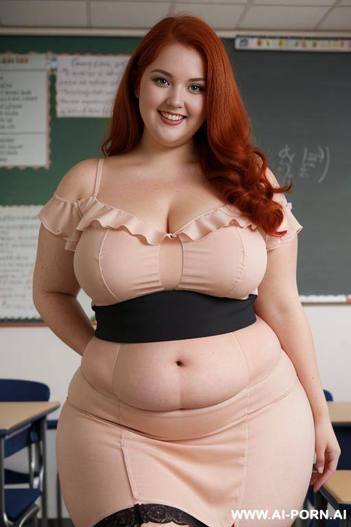 close up full body photo shot, about at classroom, chubby very obese redhead fat bbw curvy teacher, wearing a sexy and hot micro red ruffle skirt, and elegant top, teaching to the classroom. - #main