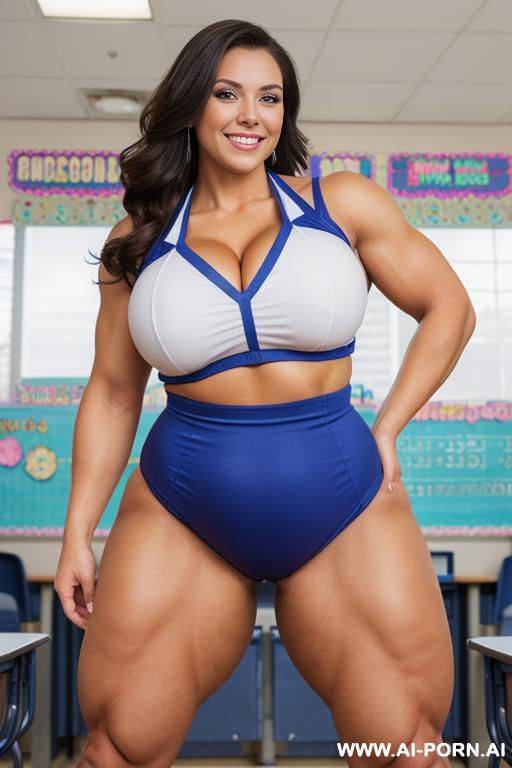 (suburban mom) (closeup) (smiling) (bending down) (cheerleader) (classroom), massive obese thighs, huge thighs, m muscled bulked up thighs - #main
