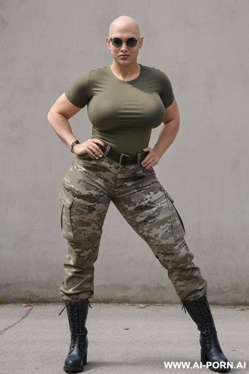 muscular voluptuous, bald head, massive saggy oversized boobs, military sunglasses, ((white t-shirt)), camouflage military pants, black military boots, victory pose - #main