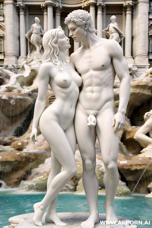 white color sculpture of a naked couple. realistic, very beautiful face. full body wiew. trevi fountain in the background. - #main