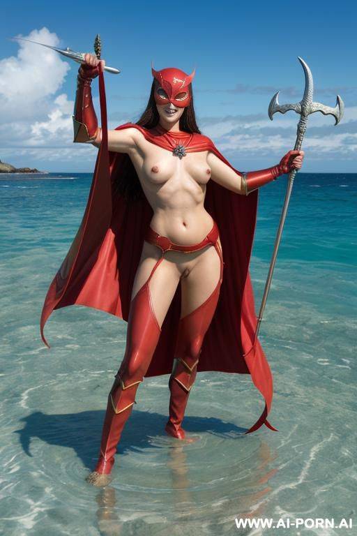 super-hero, fly over ocean, red cape, armor for belly, arms and legs, naked vagina, goddess of sea, holding trident in her hands, she is in the sea, sea is split in half - #main