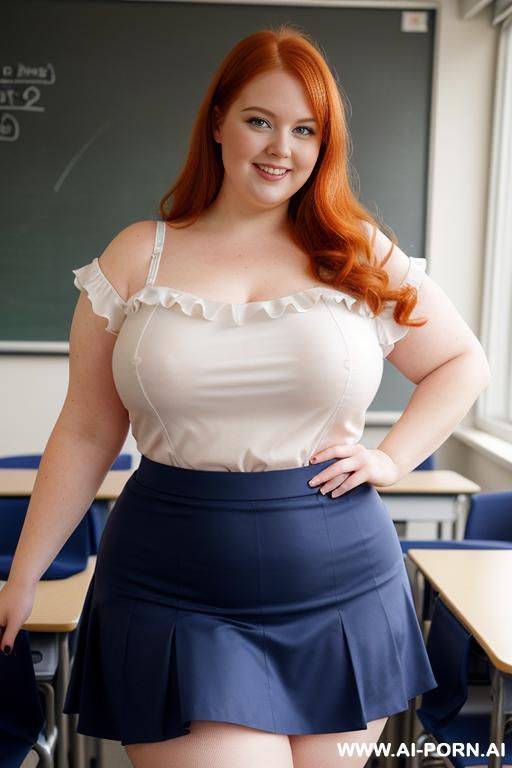 close up full body photo shot, about at classroom, chubby very obese redhead fat bbw curvy teacher, wearing a sexy and hot ((micro)) ruffle skirt, and elegant top, teaching to the classroom. - #main
