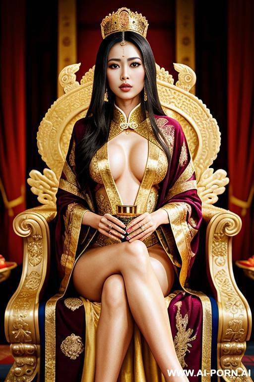 empress of china, full empress robe, sitting on golden throne in big palace, her iq is ultra-high, very smart, amused, holding royal sceptre in her hand - #main