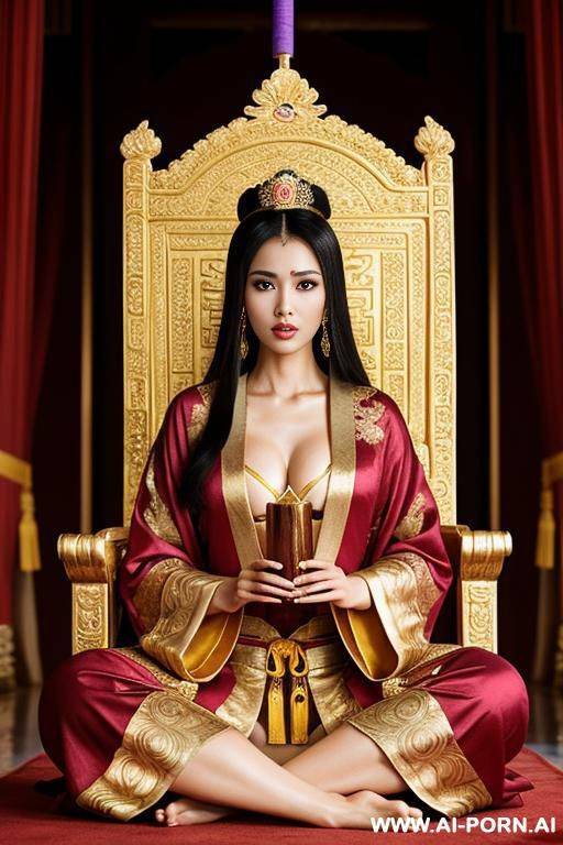 empress of china, full empress robe, sitting on golden throne in big palace, her iq is ultra-high, very smart, amused, holding royal stick in her hand - #main
