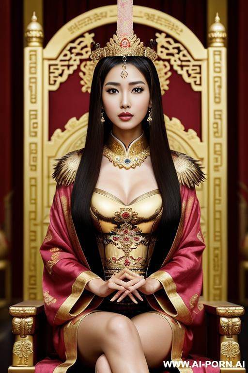 empress of china, full empress robe, sitting on golden throne in big palace, her iq is ultra-high, very smart, amused, holding sceptre in her hand - #main