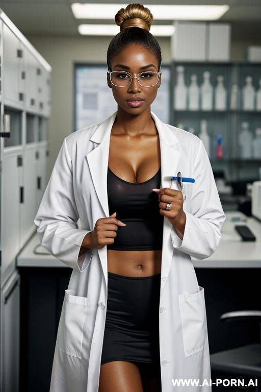 black woman, supermodel, big nose, blonde hair, hair in bun, lab coat, scientist - #main