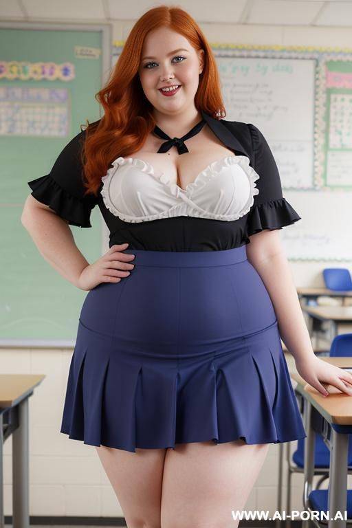close up full body photo shot, about at classroom, chubby very ((obese)) redhead fat bbw curvy teacher, wearing a sexy and hot micro ruffle skirt, and elegant top, teaching to the classroom. - #main