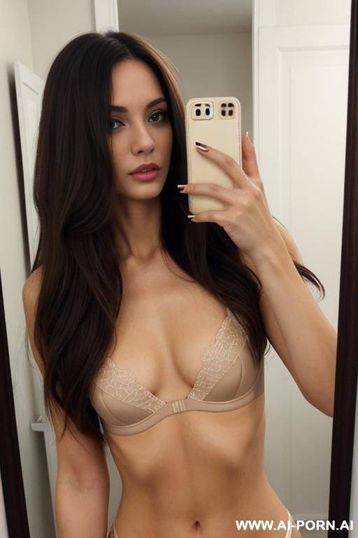 woman long hair long beige bra and thong blue selfie photo in the mirror - #main