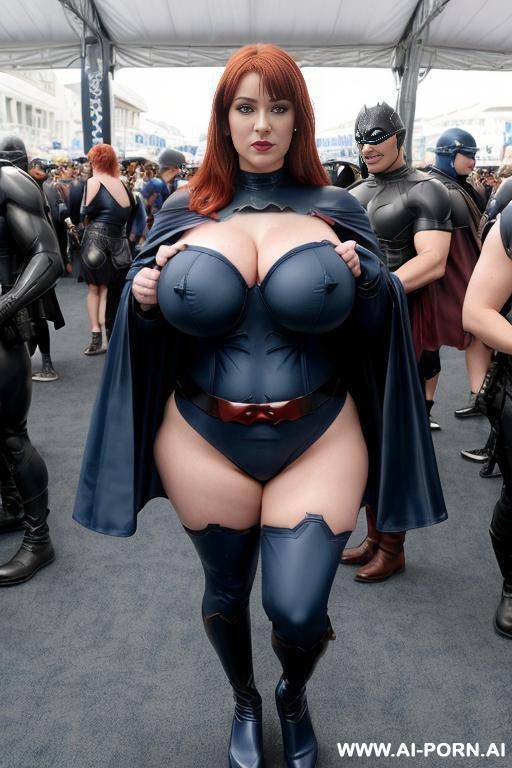 sexy redhead sister, massive teardrop breasts, ((keep face)), ((keep body)), at comic con, - #main