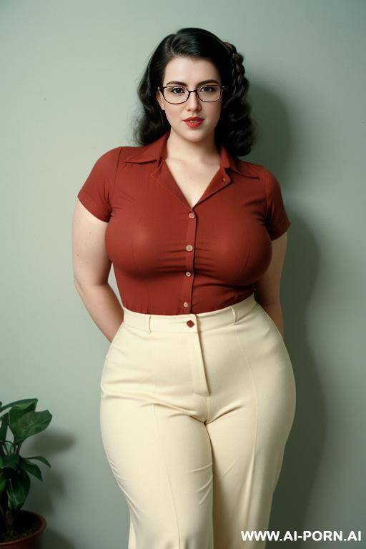170s nerd 18 years old with huge natural boobs and cutie babe face. glasses. nerdy. shirt and trousers. retro, vintage. 170s style. curvy body. seductive look. . hebrew. - #main