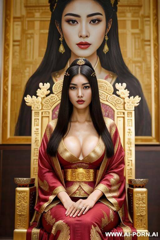 empress of china, full empress robe, sitting on golden throne in big palace, her iq is ultra-high, very smart, amused, big ancient painting is behind her - #main