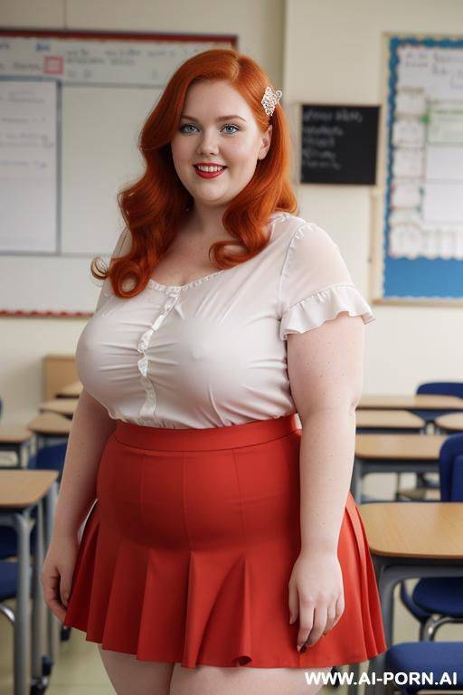 close up full body photo shot, about at classroom, chubby very obese redhead fat bbw curvy teacher, wearing a sexy and hot micro red ruffle skirt, and elegant top, teaching to the classroom. - #main