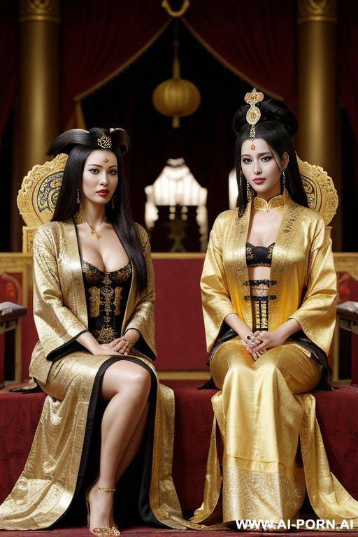 empress of china, open full empress robe, sitting on golden throne in big palace, her iq is ultra-high, very smart, amused. next to her is pirates queen (brazilian woman). pirate queen has pirate clothes. - #main