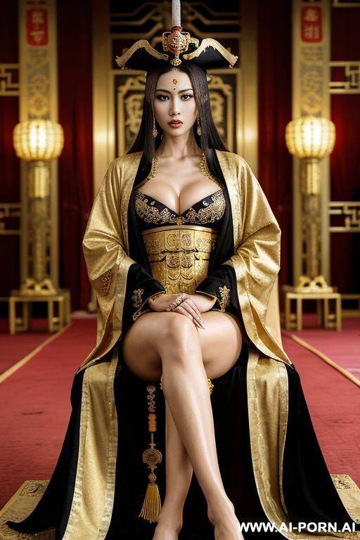 empress of china, open full empress robe, sitting on golden throne in big palace, empress of china has crown on her head, her iq is ultra-high, very smart, amused. next to her is pirates - #main