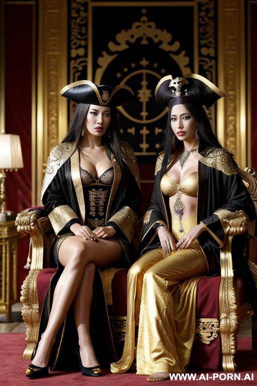 empress of china, open full empress robe, sitting on golden throne in big palace, her iq is ultra-high, very smart, amused. next to her is pirates queen (brazilian woman). pirate queen has pirate clothes, she has long pirate coat. - #main