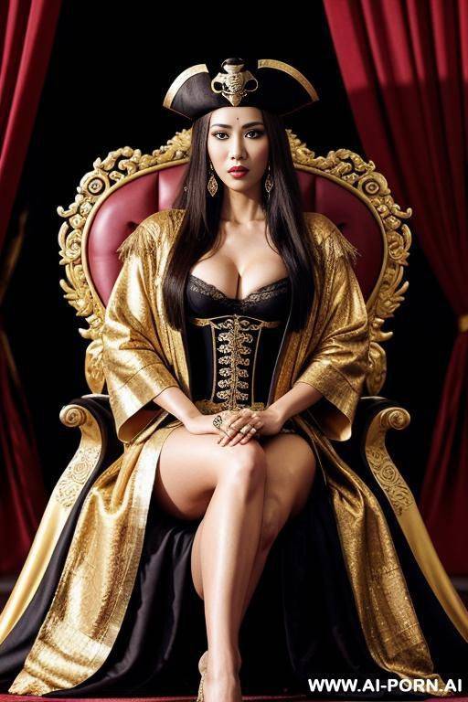 empress of china, open full empress robe, sitting on golden throne in big palace, her iq is ultra-high, very smart, amused. next to her is pirates queen (brazilian woman, brunette). pirate queen has pirate clothes, she has long pirate coat. - #main