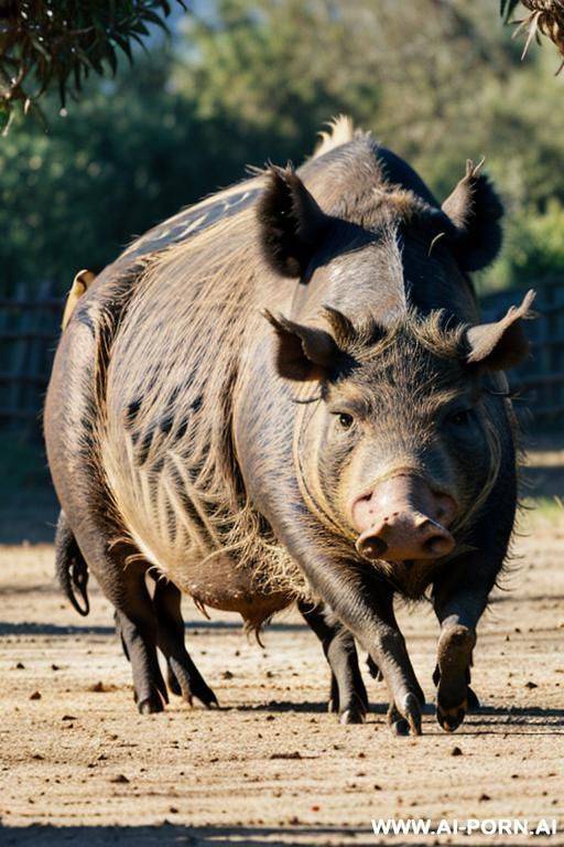 zoophilia (mating with animals), milf is on all fours pose (((milf have zoosex with boar))), woman mating (hard fucks) with a boar, boar fucks milf in normal animal position (boar fucks with - #main