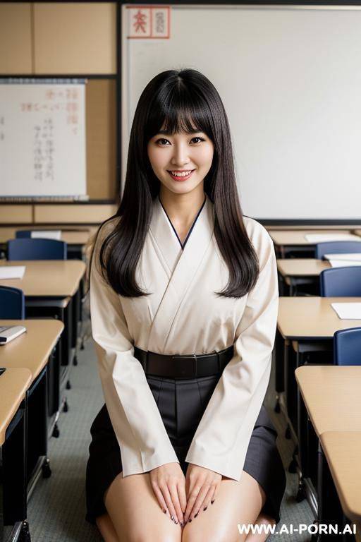 a and pretty japanese lady, wearing a japanese uniform above the knees, smiling at the viewer with seductive expression. - #main