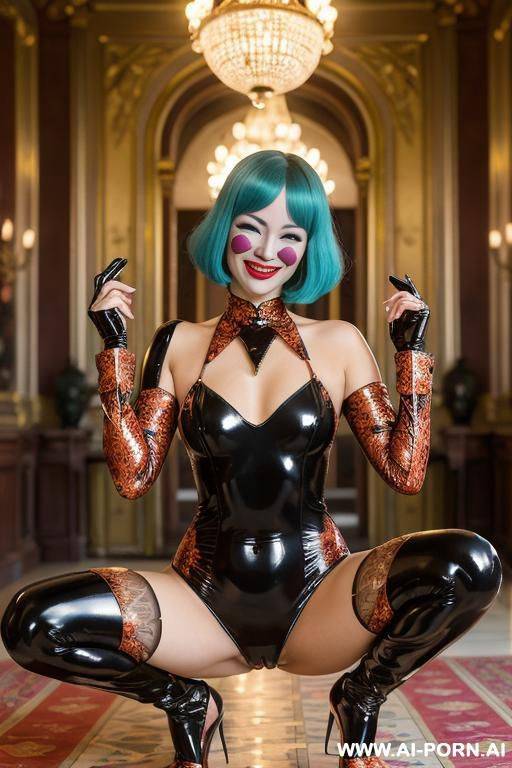 (latex), swimsuit, colorfull outfit, spread legs, legs spreading, curly hair, catsuit, bodysuit, latex hoddy, colotfull latex, latex face, (latex beach), (colorfull latex) - #main