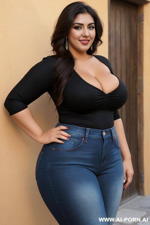 mexican, bimbo, supermodel, extra thicc, cross eyed, wide hips, high rise jeans, tight black tshirt, holding candy bar, very tan, fat face, rotund figure - #main