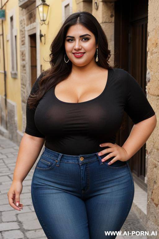 fat mexican, bimbo, supermodel, extra thicc, cross eyed, wide hips, high rise jeans, tight black tshirt, holding candy bar, very tan, fat face, rotund figure - #main