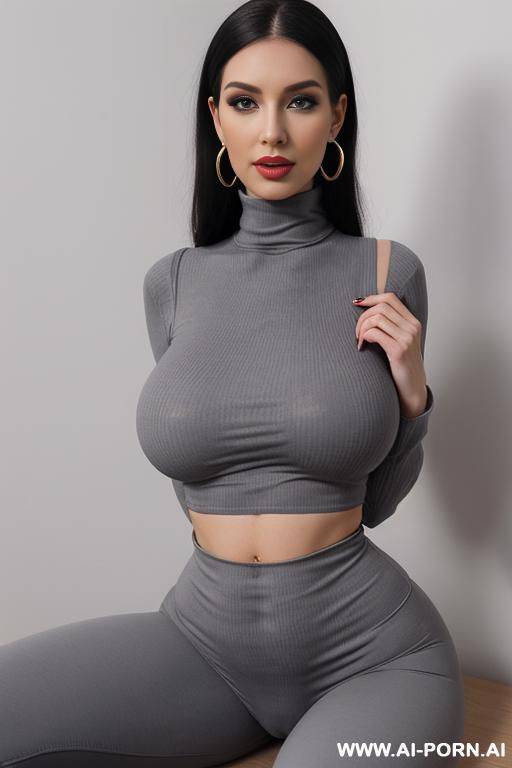 cotton grey turtleneck and leggings, round boobs, extremely pretty, model, full lips, button nose, eye contact, ahegao, hoop earrings, hourglass figure, tight waist - #main