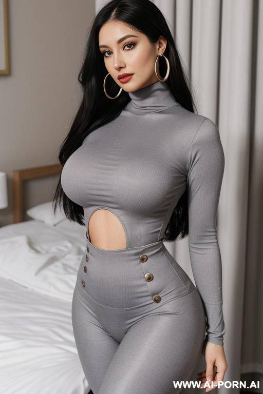 cotton grey turtleneck and leggings, boobs, extremely pretty, model, full lips, button nose, eye contact, ahegao, hoop earrings, flowing hair, hourglass figure, tight waist - #main