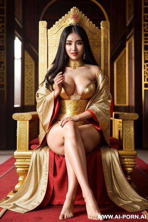 empress of china, open full empress robe, sitting on golden throne in big palace, her iq is ultra-high, very smart, amused, - #main