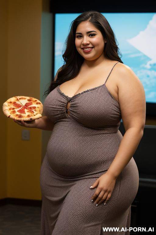 mexican, nerd, extremely pear shaped, huge nose, dark skin, holding pizza, extremely fat hourglass figure, chicana, chola, abnormal wide hips, flowing sundress - #main