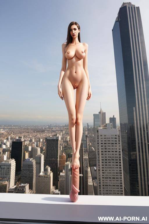 full body view of a tall, slender giantess who is taller than a city. (((she is growing a penis from her clitoris))) - #main