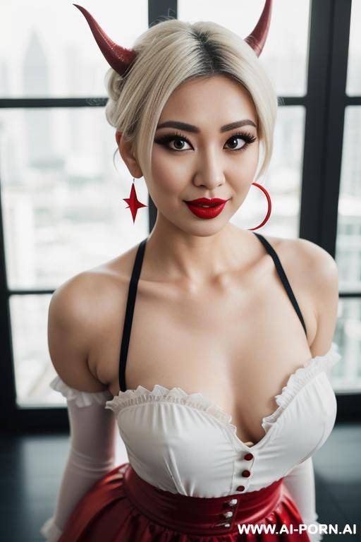 red devil horn fangs maid servant, round boobs, extremely pretty, model, full lips, button nose, eye contact, ahegao, hoop earrings, styled hair, hourglass figure, tight waist - #main
