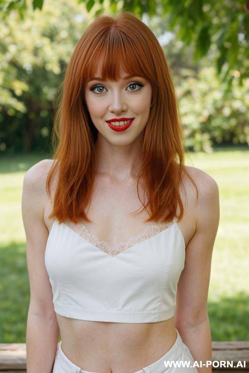sexy american sister, beautiful long ginger hair, bangs, gorgeous green eyes, pretty make up, nice full natural breasts, stunning face, pretty delicate features, high cheek bones, red lips, full - #main