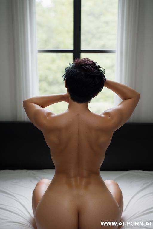 tall busty , short pixie hair with shaved sides, gorgeous face, thick lips, massive boobs, seductive, full body picture, kneeling, legs spread apart, totally naked, round firm ass, bubble butt, round firm boobs, arms up, hands behind head - #main