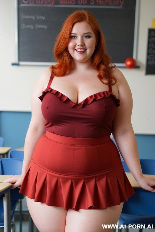 close up half body photo shot, about at classroom, chubby (very obese) redhead fat bbw curvy teacher, wearing a sexy and hot micro red ruffle skirt, and elegant top, teaching to the classroom. - #main