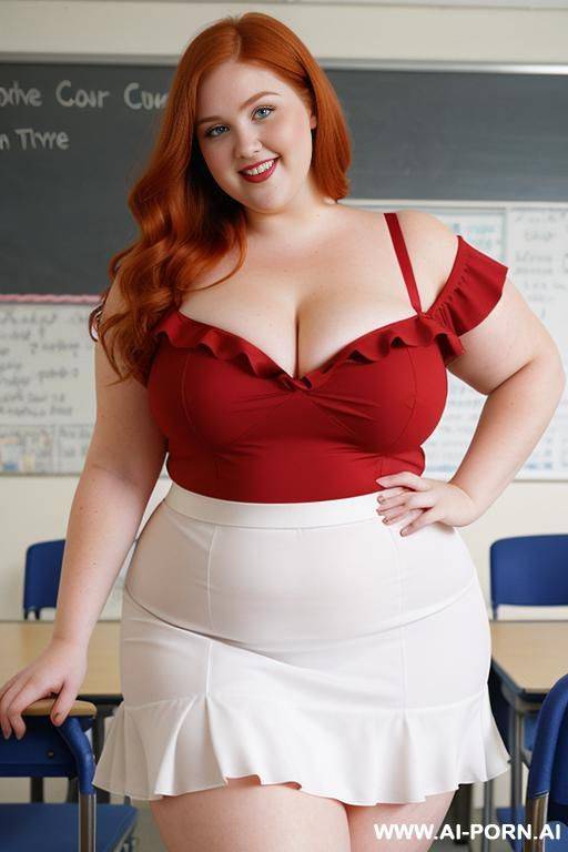 close up half body photo shot, about at classroom, chubby very obese redhead fat bbw curvy teacher, wearing a sexy and hot micro red ruffle skirt, and elegant top, teaching to the classroom. - #main